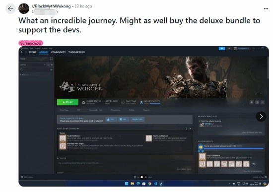 外国玩家玩《黑神话》意犹未尽 通关后花钱升级豪华版只为支持